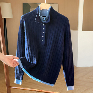 100%羊毛衫半高领坑条2025新款假两件撞色立领套头上衣针织衫毛衣
