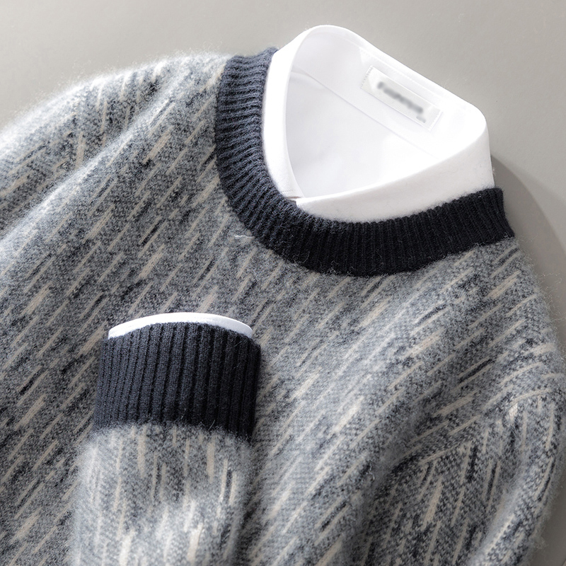 高端100%纯羊毛针织衫男撞色毛衣