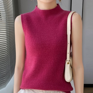 羊范春款一线成衣100%纯羊毛针织背心女半高领无袖内搭纯色打底衫