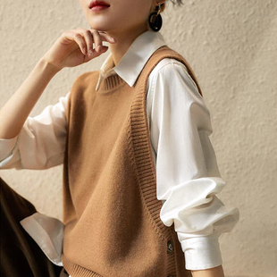 极力推荐~秋冬新款100羊毛圆领针织马甲女前短后长三粒扣无袖背心