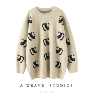 减龄毛衣宽松慵懒风 女中长款 羊范重磅加厚 立体熊猫提花山羊绒衫