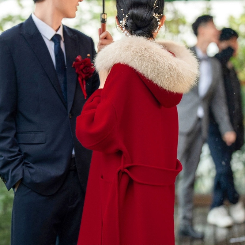 羊范新娘红色双面羊毛大衣女结婚新年秋冬季大毛领气质毛呢外套
