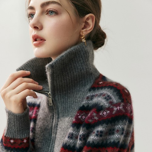 山羊绒嵌花针织上衣女高领半拉链