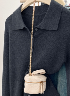 羊范韩系灰色复古POLO领针织开衫女薄款纯色精纺羊毛百搭长袖上衣
