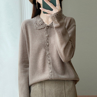 重工钩花100%纯羊毛针织开衫女POLO领宽松时尚衬衫洋气减龄打底衫