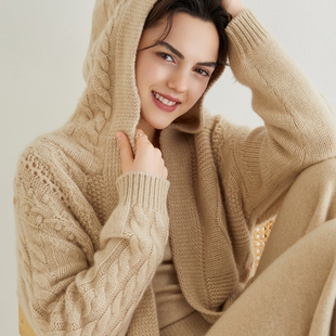 新款100%纯羊毛中长款针织开衫女休闲慵懒风连帽外套加厚百搭长袖