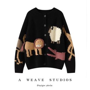 萌趣动物园~重磅加厚山羊绒针织开衫女士圆领加厚慵懒风宽松外套