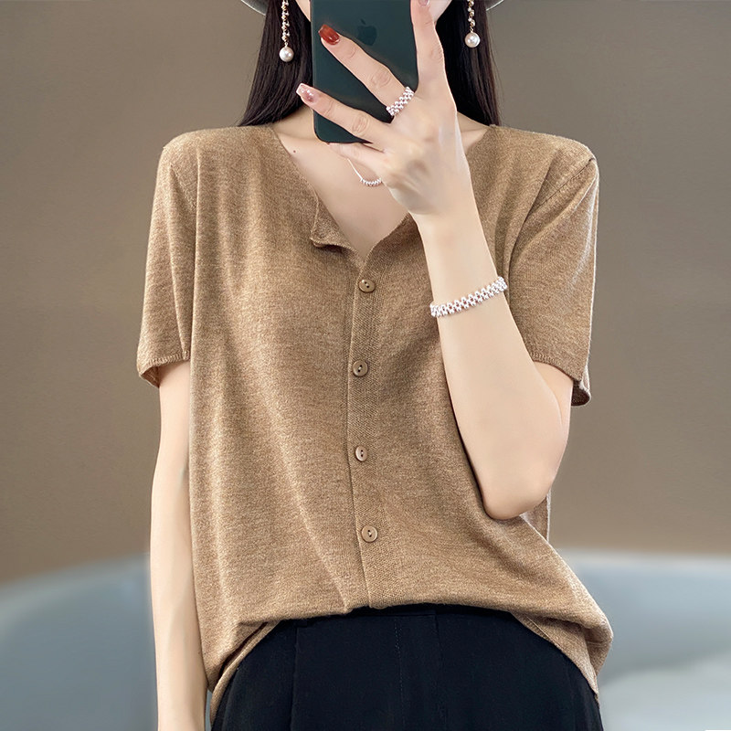 羊毛针织短袖开衫女薄款圆领上衣图片
