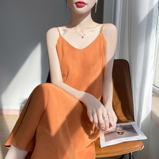 羊范高级感显高显瘦醋酸缎面吊带长裙女夏季 V领手抓花连衣裙 修身