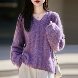时髦松弛~秋冬新款山羊绒拉毛针织衫女V领加厚花纱慵懒风长袖毛衣
