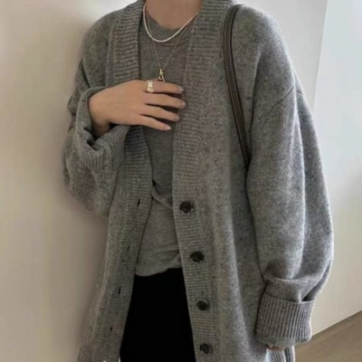 女100%羊毛V领洋气外套潮中长款
