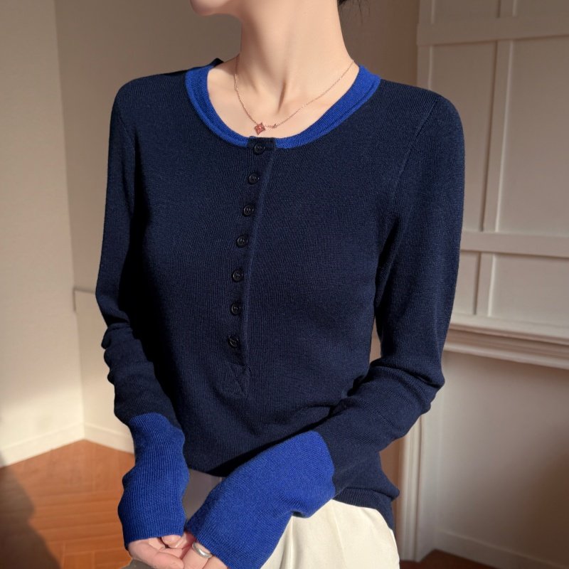 超显瘦~26年春季新款精纺羊毛针织衫女圆领撞色半开领修身打底衫,女装/女士精品,毛针织衫,淘宝优惠券,粉丝福利购,淘宝优惠卷