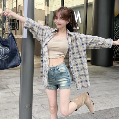 卡卡慵懒韩风格子衬衫休闲时尚夏