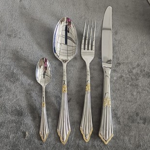 精致花纹镀金18/10食品级不锈钢西餐4件套家用牛排刀叉勺餐勺调羹