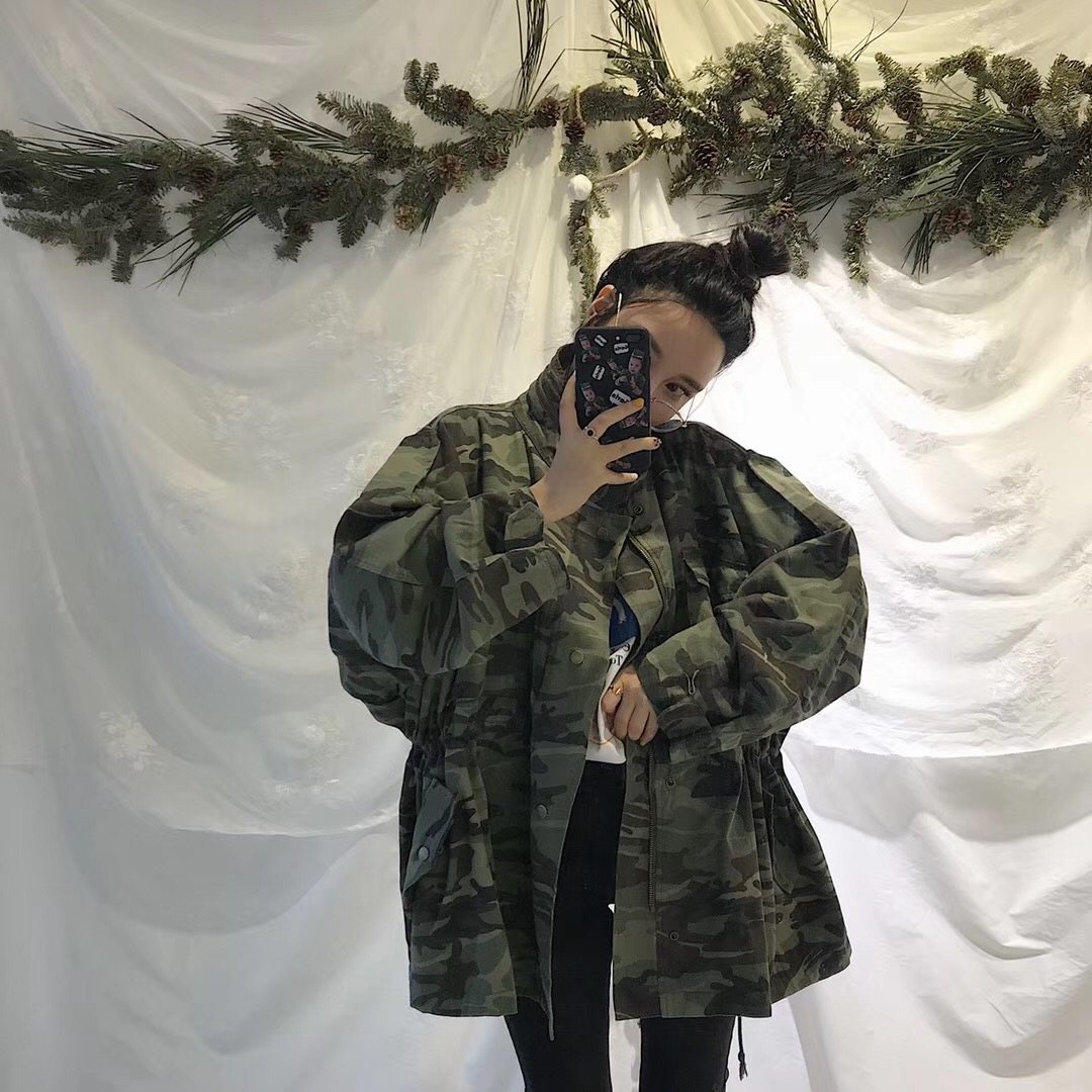 韩国2018春款 工装休闲口袋收腰外套 中长款迷彩上衣 女包邮|msdalam kategori Butik wanita / wanita, jaket pendek - dari Buy2taobao.com untuk memberikan perkhidmatan ejen Taobao profesional membeli