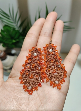 梭编蕾丝耳环橙色加长手工编织耳坠波西米亚度假风显瘦显脸小