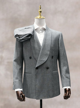 英国进口HARRISONS纯羊毛西服套装量身定做灰青果领双排扣亲王格