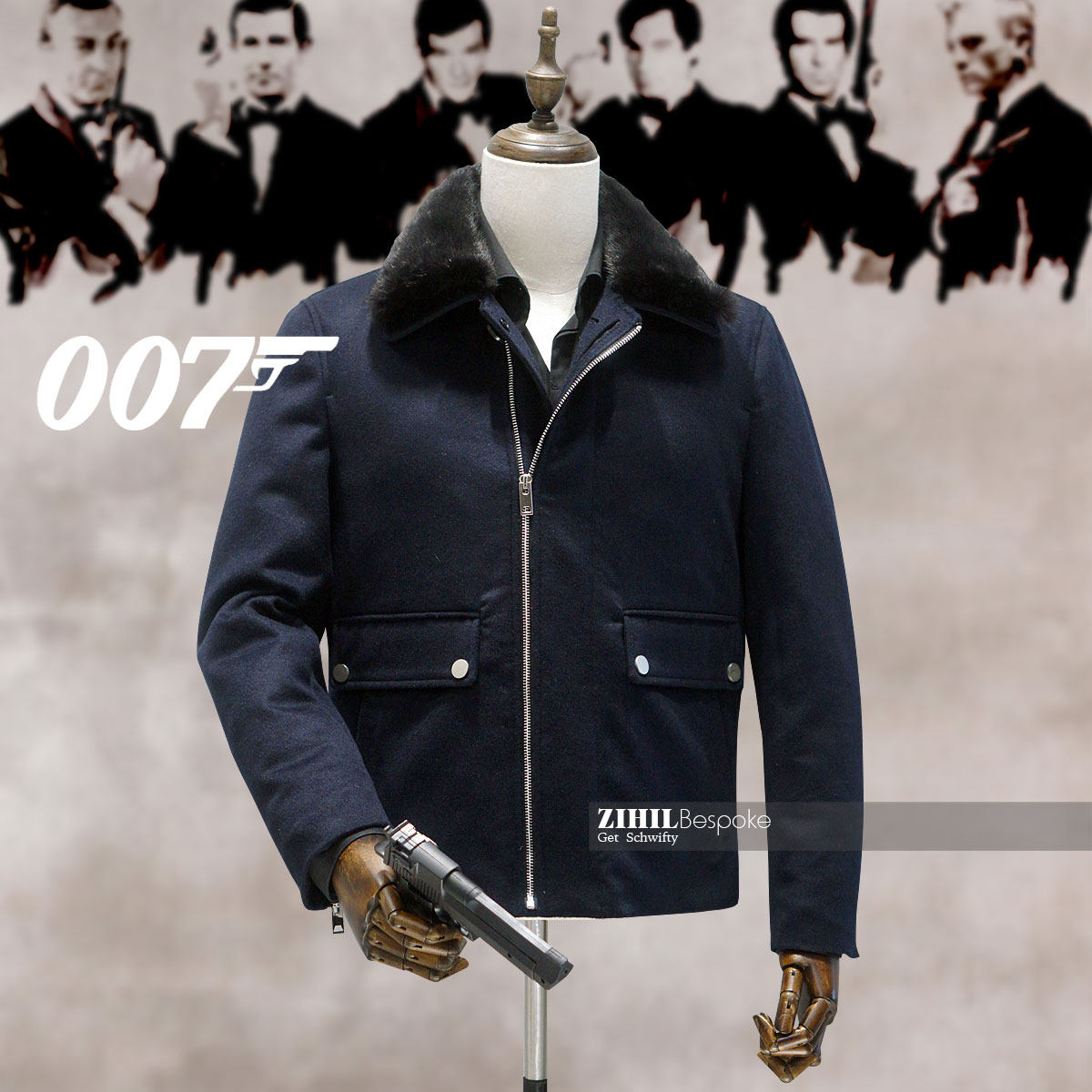 007同款羊绒兔毛领羽绒内胆加厚冬季御寒藏蓝色夹克量身定做上海