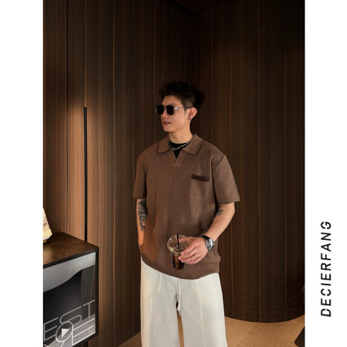 日系复古华夫格POLO V领口袋设计透气针织 百搭轻熟风穿搭