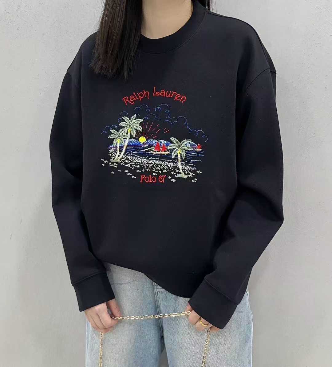 重工刺绣沙滩椰岛树休闲卫衣女欧洲站2025秋款欧货印花洋气上衣