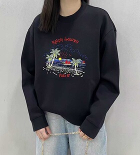 重工刺绣沙滩椰岛树休闲卫衣女欧洲站2025秋款欧货印花洋气上衣