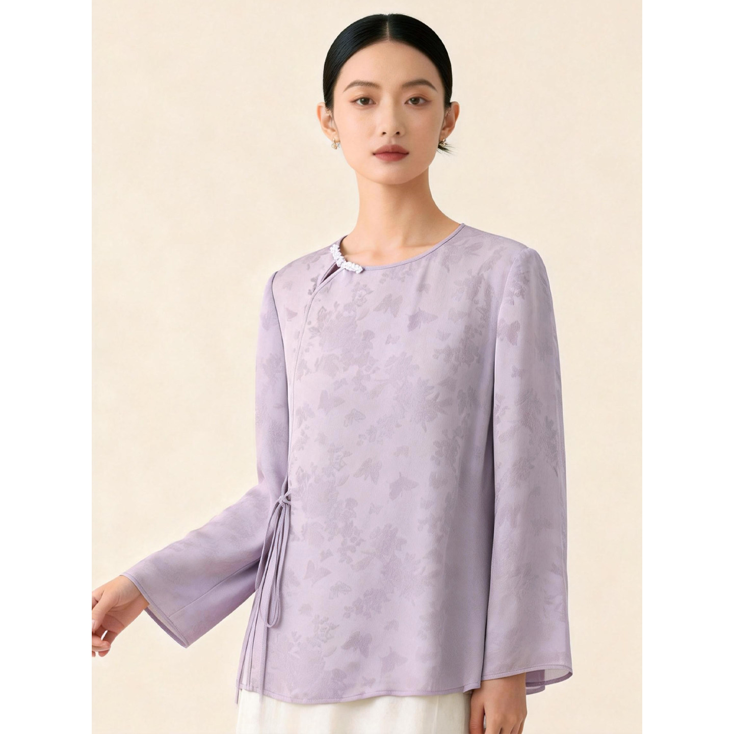 新中式改良植物染色提花桑蚕丝长袖上衣女 真丝飘逸垂感衬衫