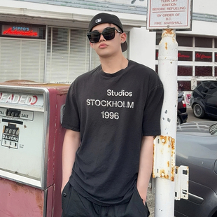 宽松休闲Tee恤 高街潮牌磨破做旧男女同款 AC风格 简约字母印花短袖