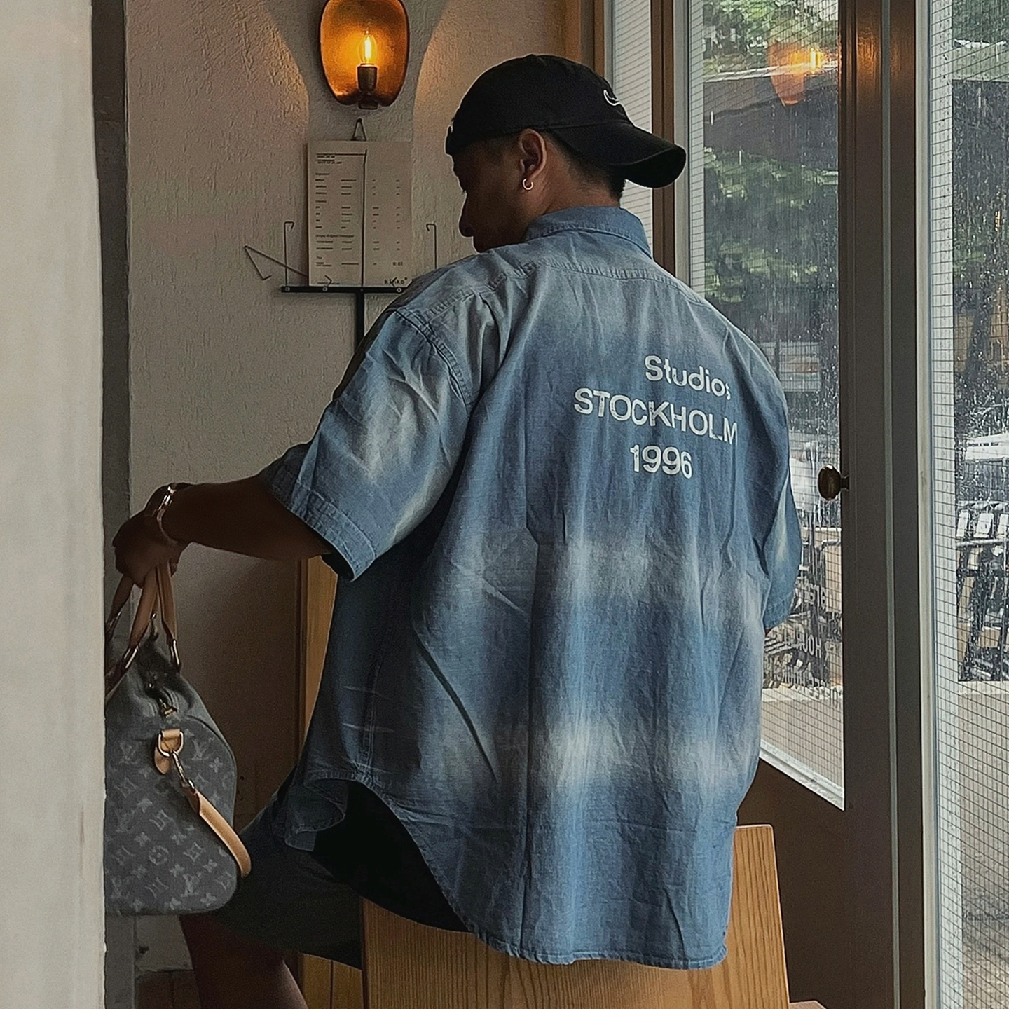 AC风格高街洗水做旧牛仔短袖衬衫