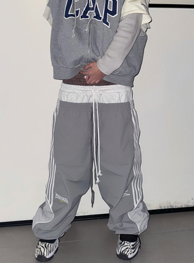 Protocol index高街叠穿三腰撞色条纹阔腿裤王鹤棣同款运动休闲裤