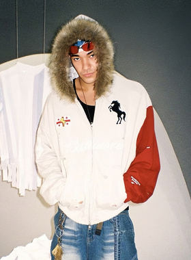 Protocol index战马刺绣开衫外套双层加厚座山雕毛领做旧破洞卫衣