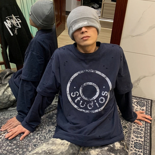 AC风格 T恤 纽扣LOGO字母印花高街做旧破洞假两件男女宽松休闲长袖