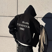 AC风格 北欧小众复古磨破做旧字母印花男女宽松休闲落肩袖 连帽卫衣