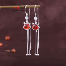 纯银狐狸耳环999足银正品女镶嵌气质长款流苏耳线防丢耳坠招桃花
