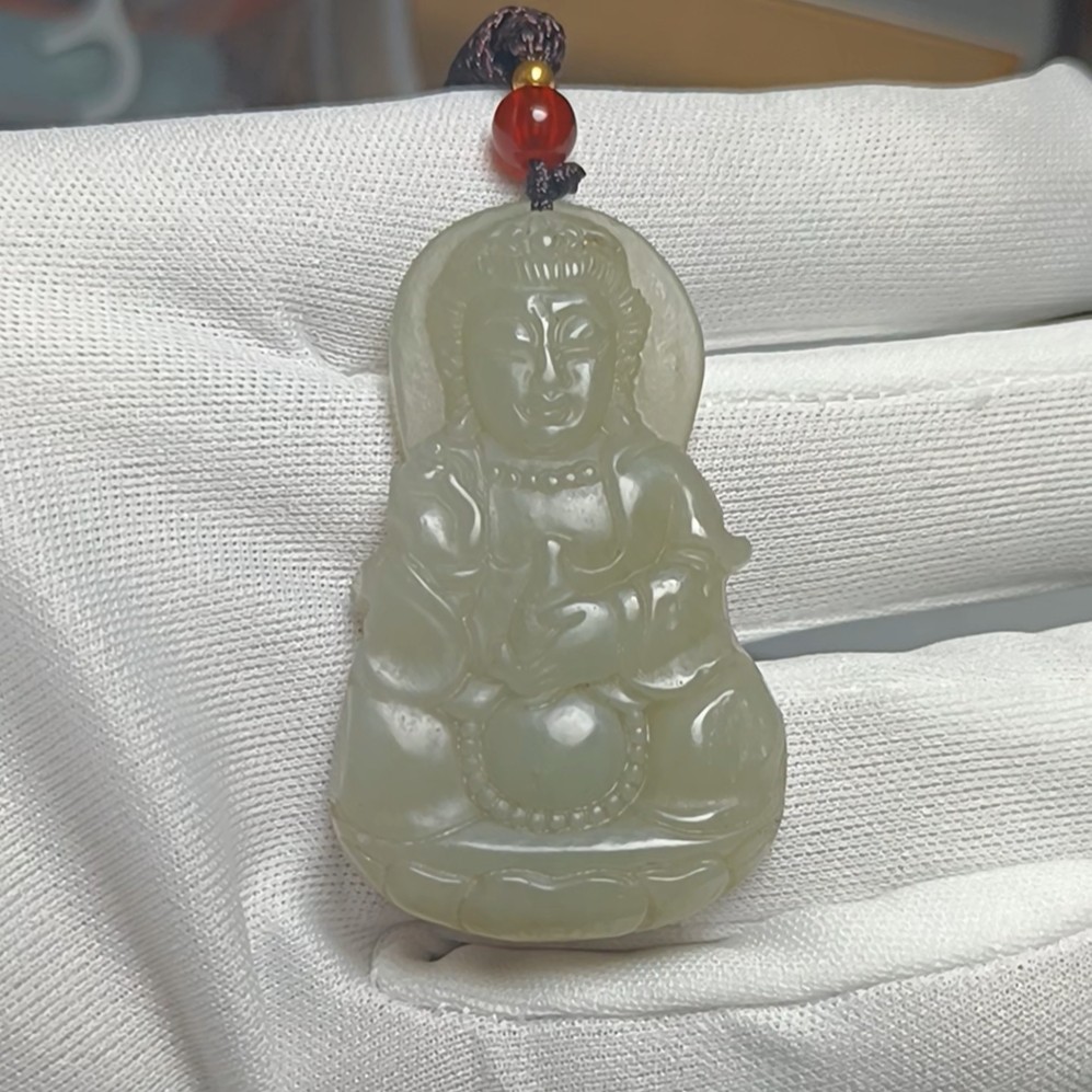 天然和田玉净瓶观音玉坠吊坠挂件 带国家官方鉴定证书保真品y69