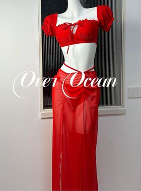 复古红色港风分体比基尼长裙三件套游泳衣女显白小红书爆款泡温泉
