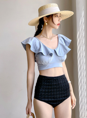 现货女士蓝色黑色泳衣保守分体微胖显瘦海边大码游泳衣可爱泳装女