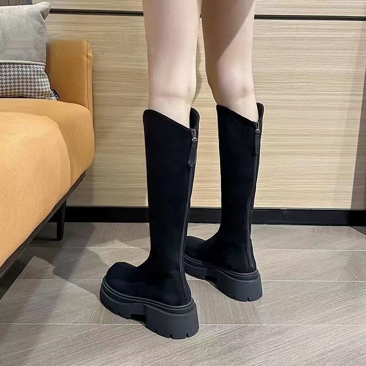 弹力靴子粗腿显瘦v口厚底高筒靴胖mm长筒靴秋冬加大筒围