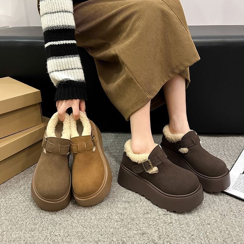 2024冬新款加绒大头丑萌松糕厚底增高保暖一脚蹬勃肯棉鞋女雪地靴