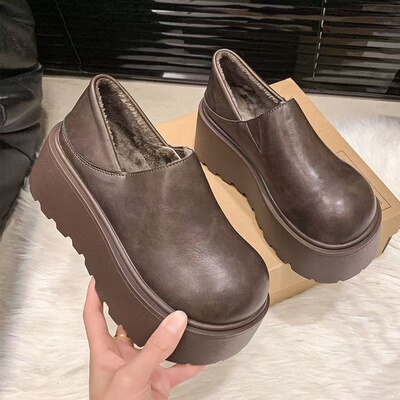 厚底鞋增高女加绒女鞋冬天松糕鞋子2024秋冬新款加绒鞋全包勃肯鞋