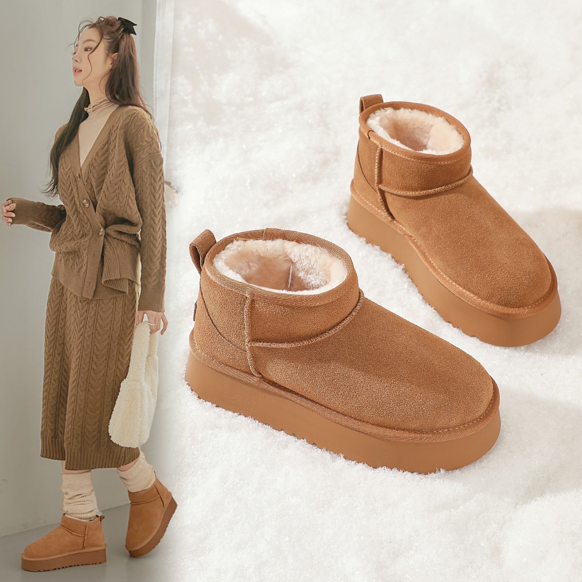 zhr雪地靴女2023新款时尚百搭简约短筒靴保暖加绒棉鞋时髦