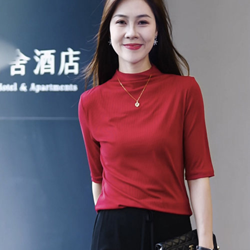莫代尔半高领打底衫女七分袖春夏