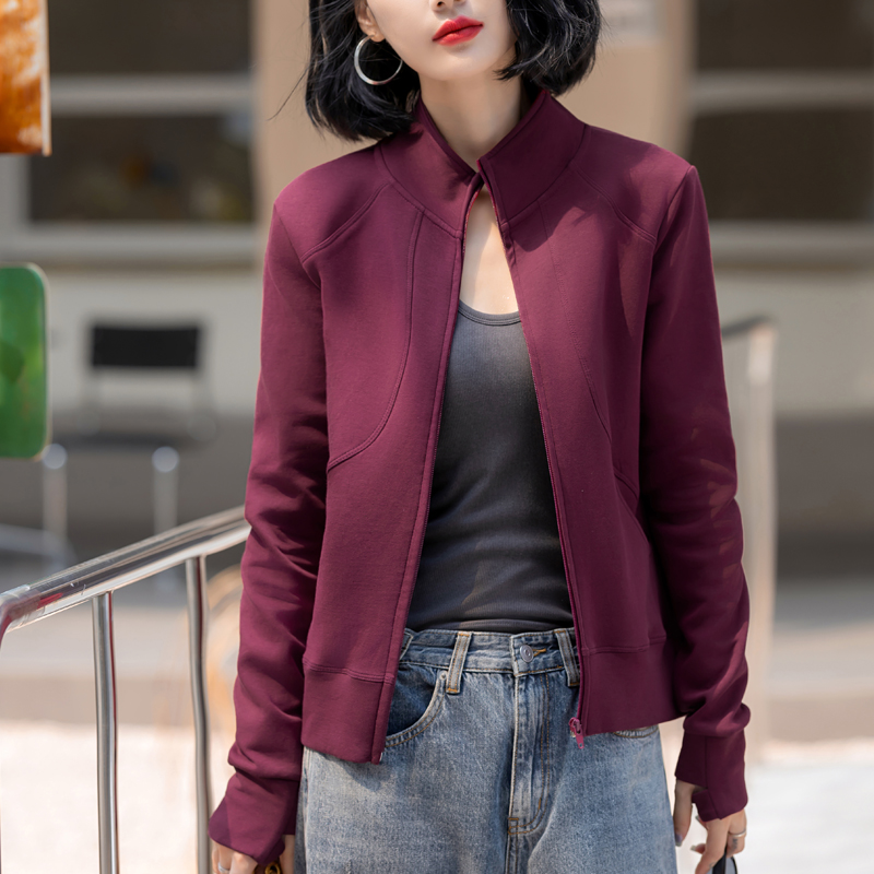 春秋新款女百搭纯色大码卫衣立领休闲宽松开衫拉链衫棒球服外套