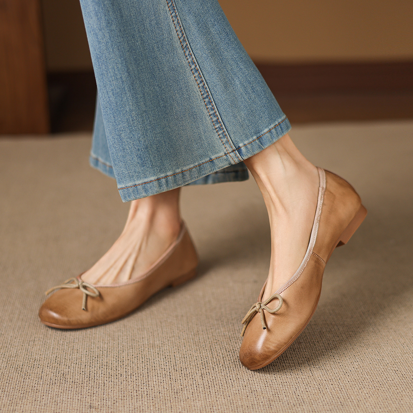 真皮浅口低跟单鞋女蝴蝶结圆头甜美芭蕾舞鞋柔软一脚蹬奶奶鞋平底,女鞋,浅口单鞋,淘宝优惠券,粉丝福利购,淘宝优惠卷