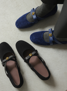 复古风真皮羊皮蓝色单鞋蝴蝶结山茶花玛丽珍女鞋低跟平底鞋春夏款