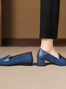 复古风真皮浅口单鞋女蓝色粗跟中跟高跟鞋一脚蹬懒人乐福鞋羊皮