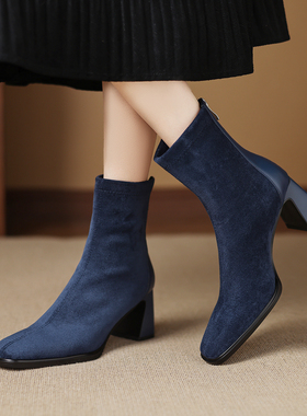 秋冬真皮柔软弹力短靴方头粗跟高跟7cm女靴子绒面蓝色及踝靴加绒