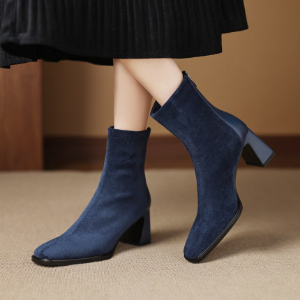 秋冬真皮柔软弹力短靴方头粗跟高跟7cm女靴子绒面蓝色及踝靴加绒