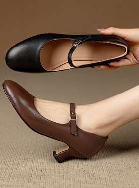 复古浅口配旗袍5cm高跟鞋酒杯跟圆头一字带玛丽珍鞋黑色职业单鞋