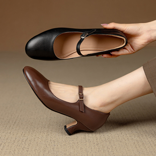 复古浅口配旗袍5cm高跟鞋酒杯跟圆头一字带玛丽珍鞋黑色职业单鞋