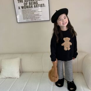 加厚抗起球女宝外穿毛线裤 130 黑白条纯棉针织裤 秋冬女童阔腿裤